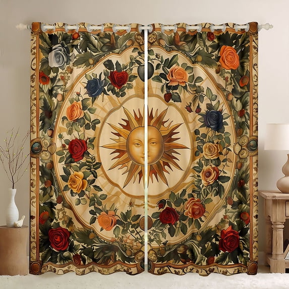 Homewish Retro Bohemian Sun Blackout Curtains Set of 2 (52x84 Each),Vintage Floral Curtain,Gold Red