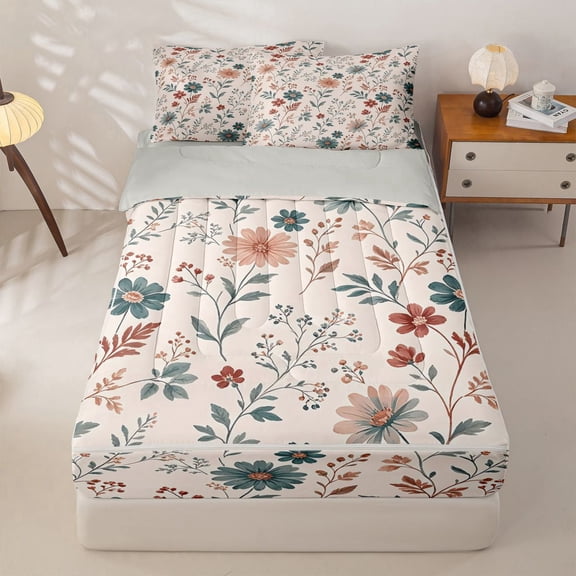 Homewish Retro Boho Floral Zipper Queen Comforter Set with Fitted Sheet and 2 Pillowcases,Watercolor Flower Zipper Bedding Set,Pink,Light Gray Reversible,4pcs