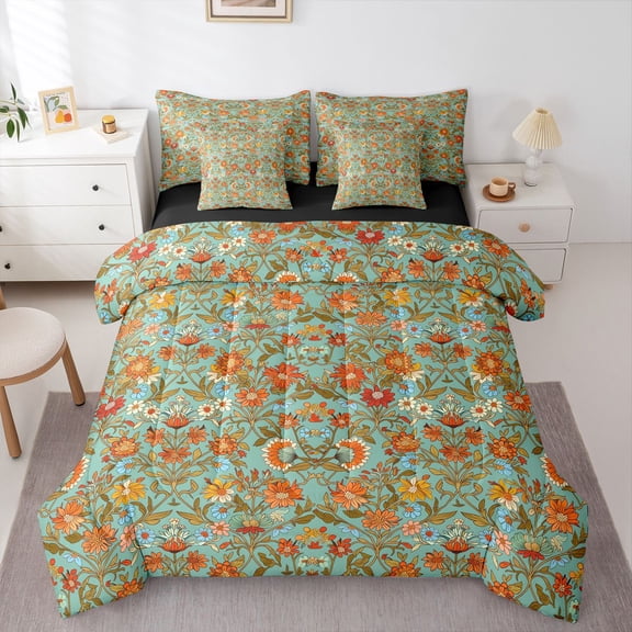 Homewish Retro Boho Flower 7 Pieces Full Size Bedding Sets,Bohemian Exotic Style Full Size Bed in a Bag,Green Orange,Black Reversible