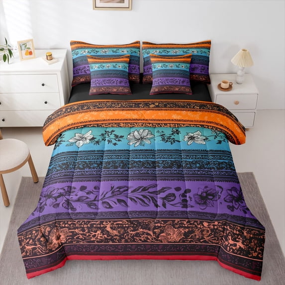 Homewish Retro Boho Flowers 7-Piece Twin Bedding,Bohemian Exotic Style Bedding Comforter Set,Orange,Black Reversible