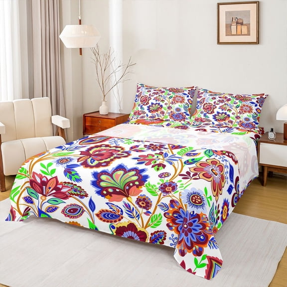 Homewish Retro Boho Flowers Queen Sheets,Watercolor Floral Queen Sheet Sets,Purple,4-Piece,1 Flat Sheet, 1 Fitted Sheet and 2 Pillowcases