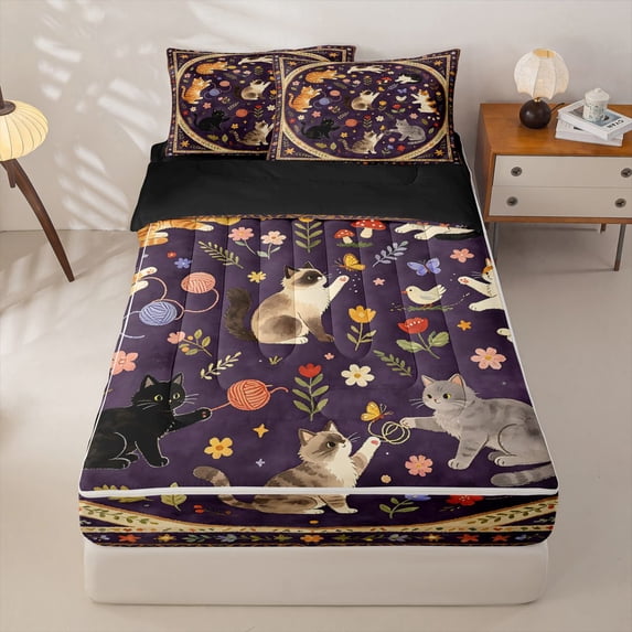 Homewish Retro Boho Flowers Zipper Full Size Comforter Sets with Fitted Sheet and 2 Pillowcases,Cute Cats Animal Zipper Bedding Set,Purple Cream,Black Reversible,4pcs