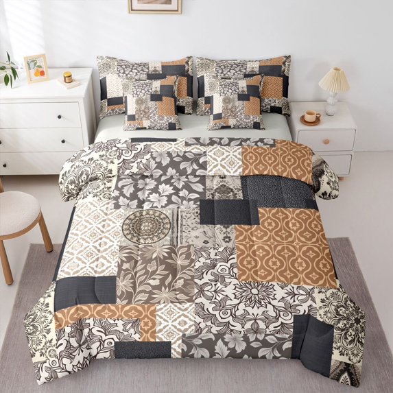 Homewish Retro Boho Mandala 7-Piece Twin Bedding,Patchwork Geometric Bedding Comforter Set,Brown Gray,Light Gray Reversible