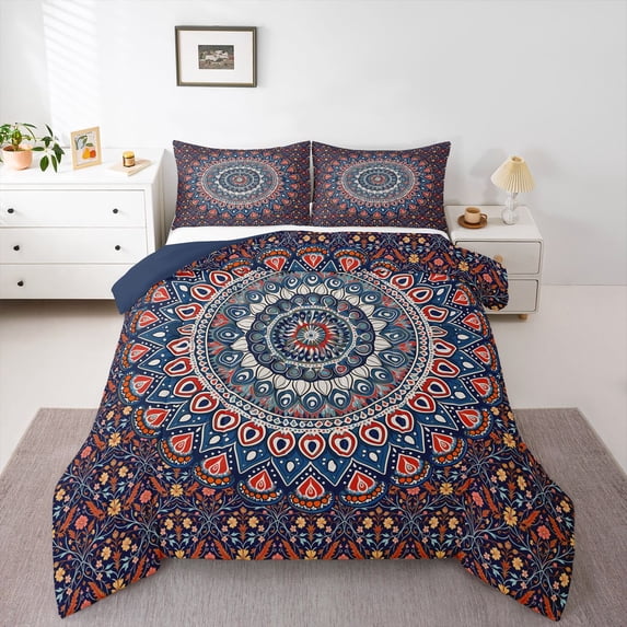 Homewish Retro Boho Mandala Queen Comforter Set,Exotic Peacock Themed Comforter Sets Queen,Orange Blue,Navy Blue Reversible,3-Piece,1 Comforter and 2 Pillowcases