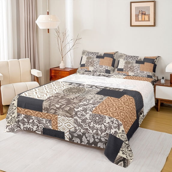 Homewish Retro Boho Mandala Queen Sheets,Patchwork Geometric Queen Sheet Sets,Brown Gray,4 Pieces,1 Flat Sheet, 1 Fitted Sheet and 2 Pillowcases