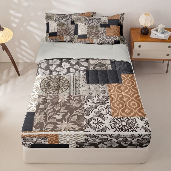 Homewish Retro Boho Mandala Zipper Queen Comforter Set with Fitted Sheet and 2 Pillowcases,Patchwork Geometric Zipper Bedding Set,Brown Gray,Light Gray Reversible,4pcs