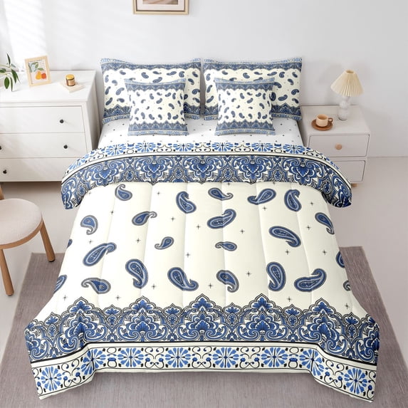 Homewish Retro Boho Print 7-Piece Twin Bedding,Paisley Floral Bedding Comforter Set,Blue Cream,Reversible