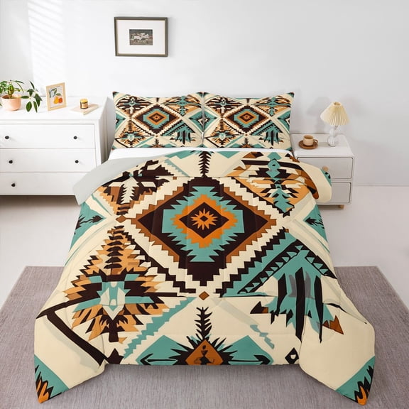 Homewish Retro Boho Rhombus Queen Comforter Set,Bohemian Exotic Style Comforter Sets Queen,Cream Teal,Light Gray Reversible,3pcs,1 Comforter and 2 Pillowcases