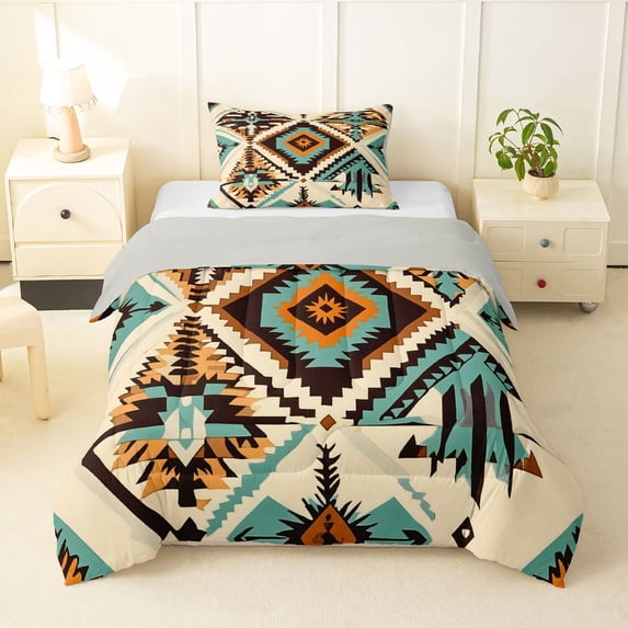 Homewish Retro Boho Rhombus Twin Comforter Sets,Bohemian Exotic Style Bedding Set,Cream Teal,Light Gray Reversible,2-Piece,1 Comforter and 1 Pillowcase