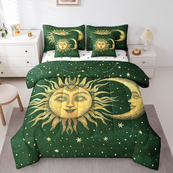 Homewish Retro Boho Sun Moon 7-Piece Twin Bedding,Bohemian Exotic Style Bedding Comforter Set,Green,Polkadot Reversible