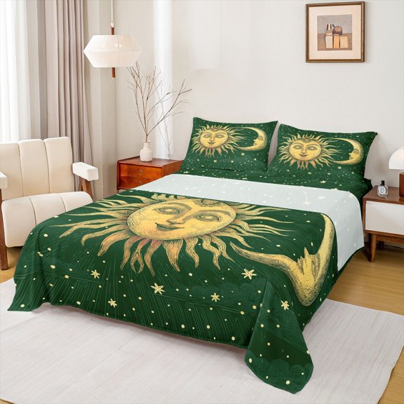 Homewish Retro Boho Sun Moon Bed Sheets,Bohemian Exotic Style Full Size Sheets,Green,4 Pieces,1 Flat Sheet, 1 Fitted Sheet and 2 Pillowcases
