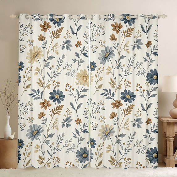 Homewish Romantic Bohemian Flower Kitchen Curtains,Vintage Boho Plants Black Out Curtains Pack of 2 (42x63 Each),Cream