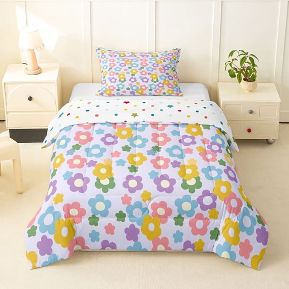 Homewish Romantic Floral Print Twin Comforter Sets,Rainbow Flowers Blossom Bedding Set,Purple,Polkadot Reversible,2pcs,1 Comforter and 1 Pillowcase