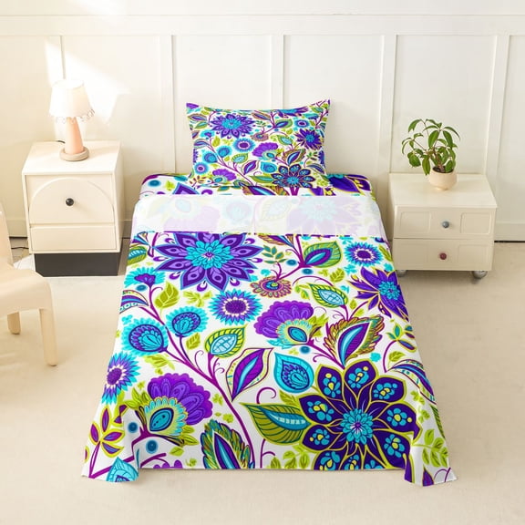 Homewish Rustic Boho Pattern Twin Sheets,Retro Flowers Bedding,Purple,3-Piece,1 Fitted Sheet and 1 Pillowcase