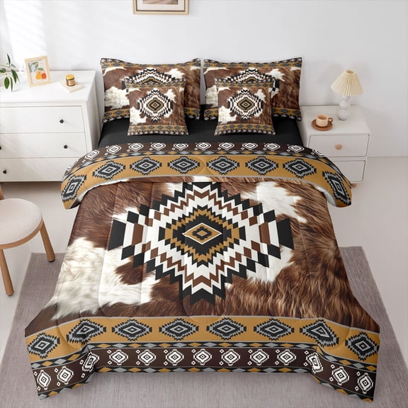 Homewish Rustic Cattle Hide 7-Piece Twin Bedding,Boho Farm Animals Print Bedding Comforter Set,Brown White,Black Reversible