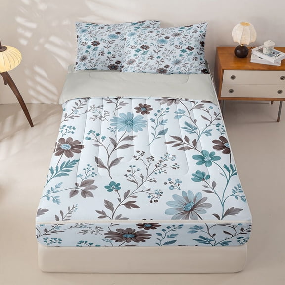Homewish Vintage Bohemian Flowers Zipper Twin Comforter Sets with Fitted Sheet and 2 Pillowcases,Blue Boho Plants Zipper Bedding Set,Light Gray Reversible,4pcs