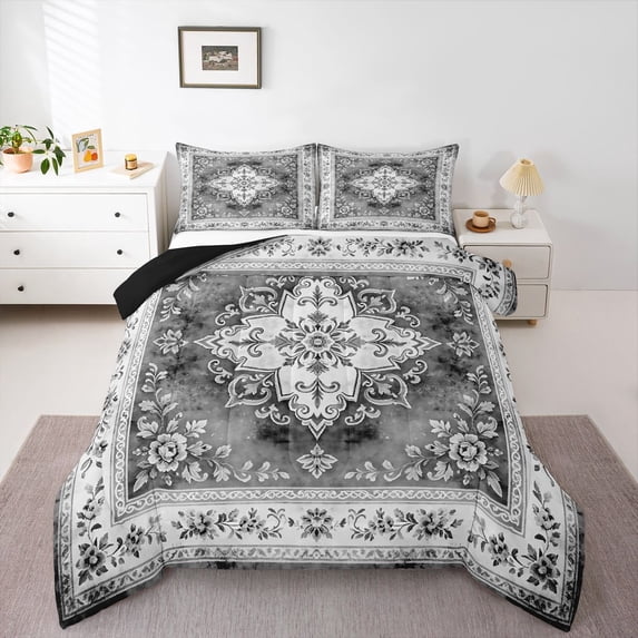 Homewish Vintage Bohemian Mandala Floral Full Size Comforter Sets,Gray Gradient Bedding Comforter Set,Black Reversible,3pcs,1 Comforter and 2 Pillowcases