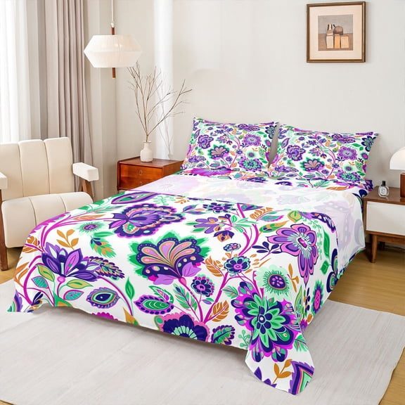 Homewish Vintage Bohemian Print Queen Sheets,Purple Floral Blossom Queen Sheet Sets,4pcs,1 Flat Sheet, 1 Fitted Sheet and 2 Pillowcases