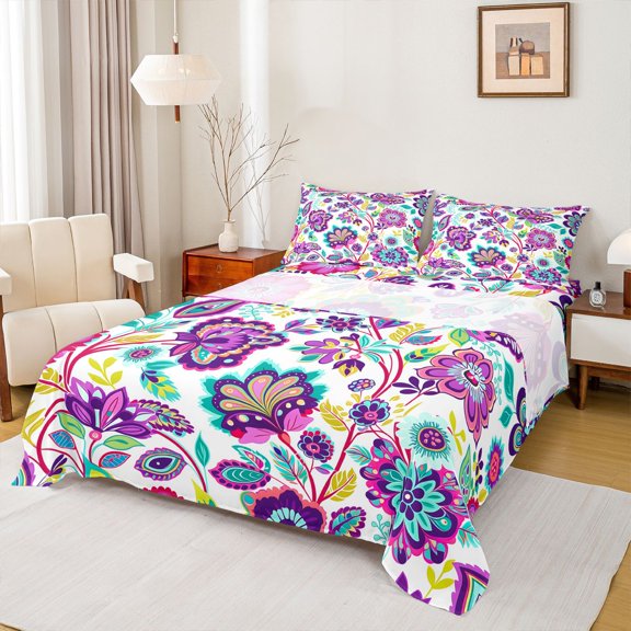 Homewish Vintage Boho Floral Bed Sheets,Bohemian Exotic Style Full Size Sheets,Purple,4 Pieces,1 Flat Sheet, 1 Fitted Sheet and 2 Pillowcases