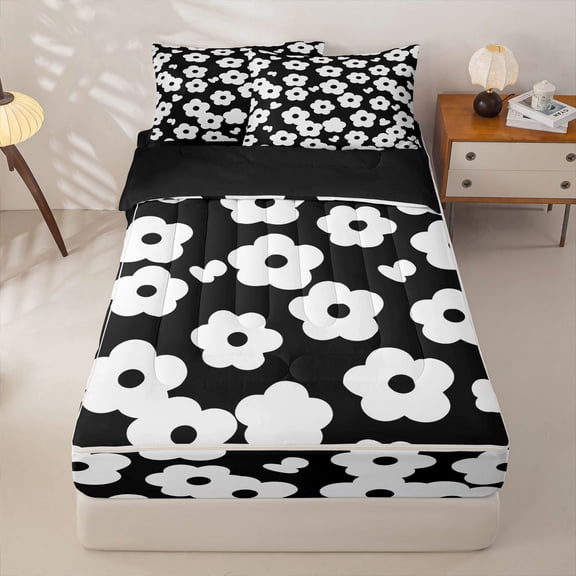 Homewish Vintage Boho Floral Zipper Twin Comforter Sets with Fitted Sheet and 2 Pillowcases,Bohemian Flowers Zipper Bedding Set,Black White,Black Reversible,4pcs