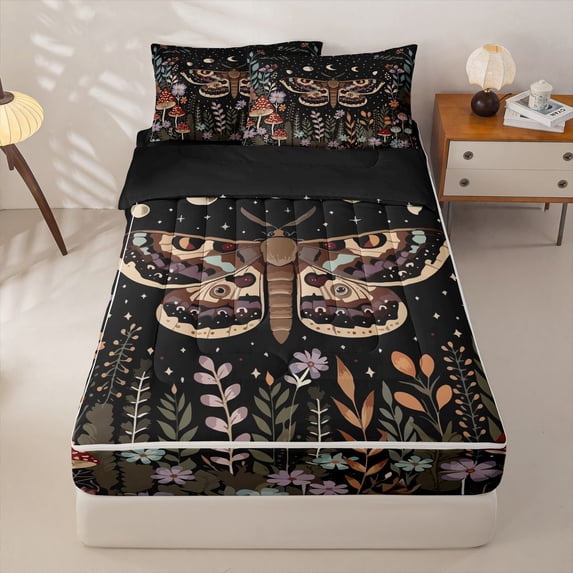 Homewish Vintage Boho Moth Zipper Twin Comforter Sets with Fitted Sheet and 2 Pillowcases,Colorful Floral Cute Mushroom Zipper Bedding Set,Black Brown,Black Reversible,4pcs