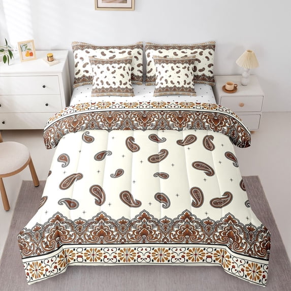 Homewish Vintage Boho Paisley 7-Piece Twin Bedding,Bohemian Damask Floral Bedding Comforter Set,Cream,Reversible