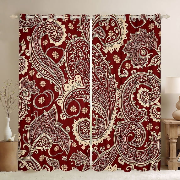 Homewish Vintage Boho Paisley Blackout Curtains,Bohemian Exotic Style Curtains Pack of 2 (42x84 Each),Red