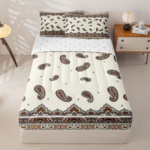 Homewish Vintage Boho Paisley Zipper Twin Comforter Sets with Fitted Sheet and 2 Pillowcases,Bohemian Damask Floral Zipper Bedding Set,Cream,Reversible,4pcs