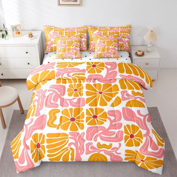 Homewish Vintage Boho Print 7-Piece Twin Bedding,Orange Pink Daisy Flowers Bedding Comforter Set,Polkadot Reversible