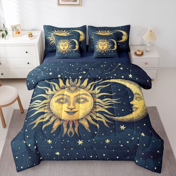 Homewish Vintage Boho Sun Moon 7pcs Queen Bedding,Dreamy Stars Bedding Comforter Set Queen,Blue,Navy Blue Reversible