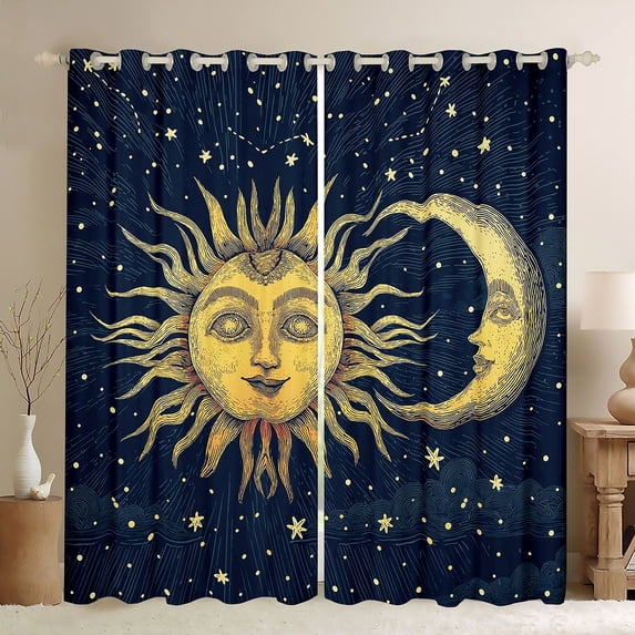 Homewish Vintage Boho Sun Moon Kitchen Curtains,Dreamy Stars Black Out Curtains Pack of 2 (42x63 Each),Blue