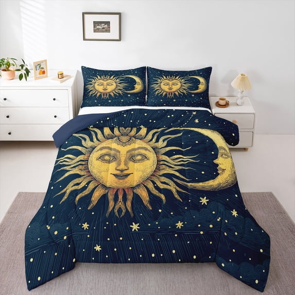 Homewish Vintage Boho Sun Moon Queen Comforter Set,Dreamy Stars Comforter Sets Queen,Blue,Navy Blue Reversible,3-Piece,1 Comforter and 2 Pillowcases