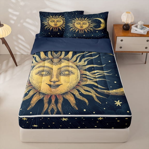 Homewish Vintage Boho Sun Moon Zipper Twin Comforter Sets with Fitted Sheet and 2 Pillowcases,Dreamy Stars Zipper Bedding Set,Blue,Navy Blue Reversible,4pcs