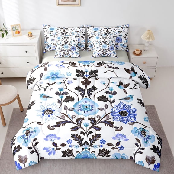 Homewish Vintage Damask Flowers 7 Pieces Full Size Bedding Sets,Bohemian Floral Bird Full Size Bed in a Bag,Blue,Light Gray Reversible