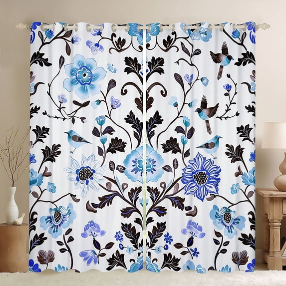 Homewish Vintage Damask Flowers Blackout Curtains,Bohemian Floral Bird Curtains Pack of 2 (42x84 Each),Blue