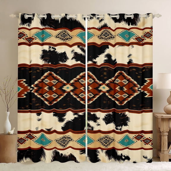 Homewish Vintage Farm Cow Print Kitchen Curtains,Tribal Aztec Rhombus Stripes Black Out Curtains Pack of 2 (42x63 Each)
