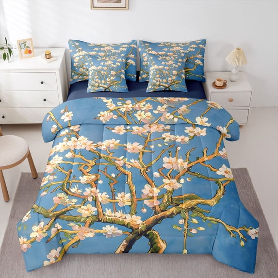 Homewish Vintage Floral Art 7pcs Queen Bedding,Bohemian Oil Painting Bedding Comforter Set Queen,Pink Blue,Navy Blue Reversible
