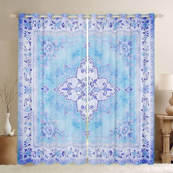 Homewish Vintage Mandala Flowers Blackout Curtains,Watercolor Tie Dye Curtains Pack of 2 (42x84 Each),Blue