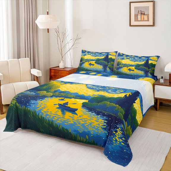 Homewish Vintage Oil Painting Bed Sheets,Spiral Clouds Stars Full Size Sheets,4pcs,1 Flat Sheet, 1 Fitted Sheet and 2 Pillowcases