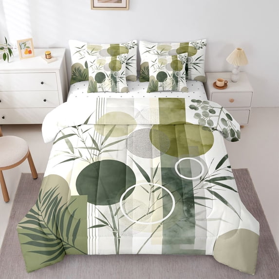 Homewish Watercolor Bohemian Geometric 7-Piece Twin Bedding,Minimalist Artwork Bedding Comforter Set,Green,Reversible