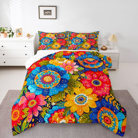 Homewish Watercolor Boho Floral Queen Comforter Set,Bohemian Exotic Style Comforter Sets Queen,Multicolor,Reversible,3 Pieces,1 Comforter and 2 Pillowcases
