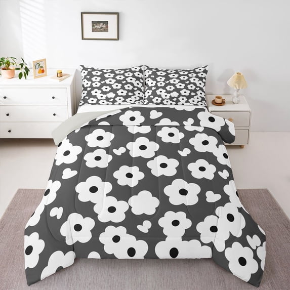 Homewish Watercolor Flowers Queen Comforter Set,Cute Floral Comforter Sets Queen,Gray White,Light Gray Reversible,3 Pieces,1 Comforter and 2 Pillowcases