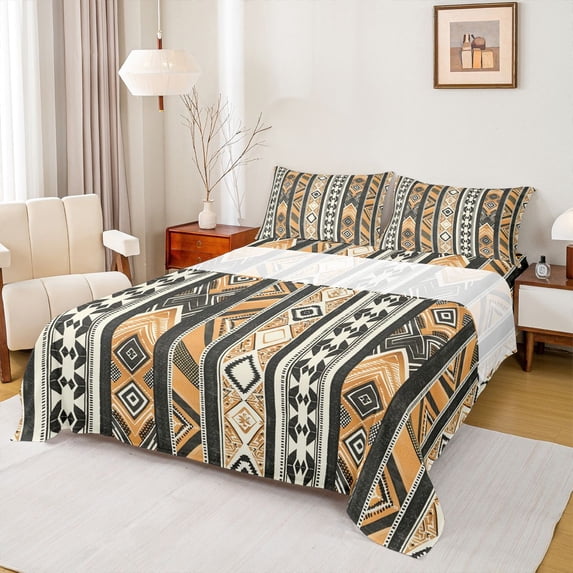 Homewish Yellow Boho Printed Bed Sheets,Geometric Stripes Full Size Sheets,4pcs,1 Flat Sheet, 1 Fitted Sheet and 2 Pillowcases