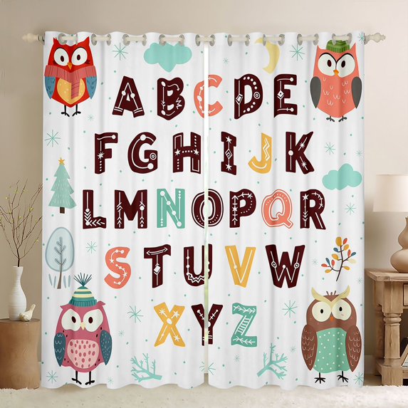 Homewish 26 Letters Alphabet Black Out Curtains,Cute Cartoon Owls Curtains Pack of 2 (42x63 Each),White Brown Pink Bedroom Curtains For Girl Boys,Microfiber Bedroom Decor