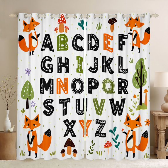 Homewish 26 Letters Alphabet Curtains Pack of 2 (42x84 Each),Cartoon Fox Mushroom Curtains Blackout,White Orange Black Bedroom Curtains For Girl Boys,Microfiber Bedroom Decor