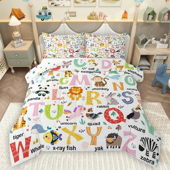 Homewish 26 Letters Alphabet Full Size Comforter Sets,Cartoon Animal Unicorn Bedding Comforter Set,Zoo Amianl Lions Bedding Sets For Boys Girls,Luxury Bedroom Decor Reversible,3 Pieces