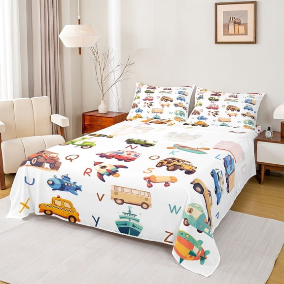Homewish 26 Letters Alphabet Twin Sheet Sets,Colorful Transport Vehicles Twin Fitted Sheet,Cartoon Rocket Car Flat Sheet For Boys Kids,Super Cozy Room Decor,3 Pieces