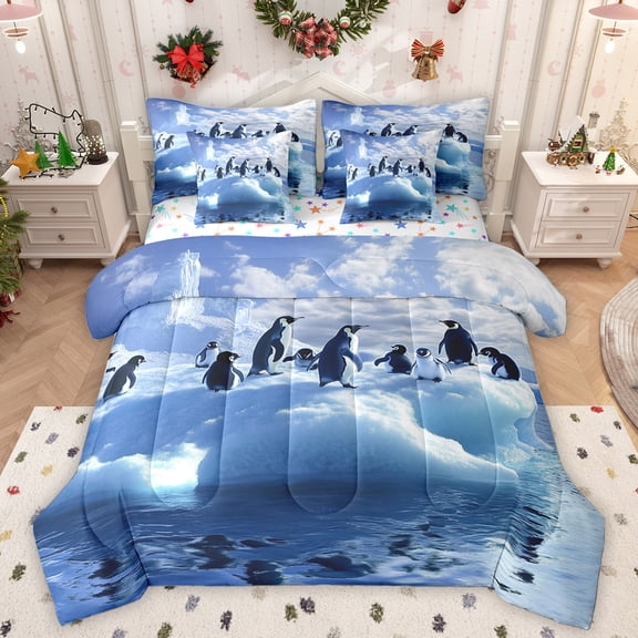 Homewish 3D Antarctic Penguin Bedding Comforter Set, Kawaii Wildlife Animal King Bedding Sets, Teens Kids Boys Girls Reversible Bed Sheets, Super Cozy Room Decor