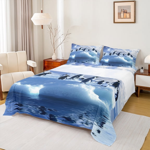 Homewish 3D Antarctic Penguin Twin Sheet Sets, Kawaii Wildlife Animal Twin Fitted Sheet, Teens Kids Boys Girls Flat Sheet, Super Cozy Room Decor, 3 Pieces