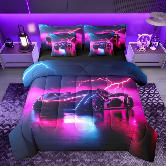 Homewish 3D Automobile Bedding Comforter Set 7pcs for Boys, Futuristic Racing Car King Bedding Sets, Neon Fuchsia Lightning Reversible Bed Sheets, Ultra Soft Bedroom Decor